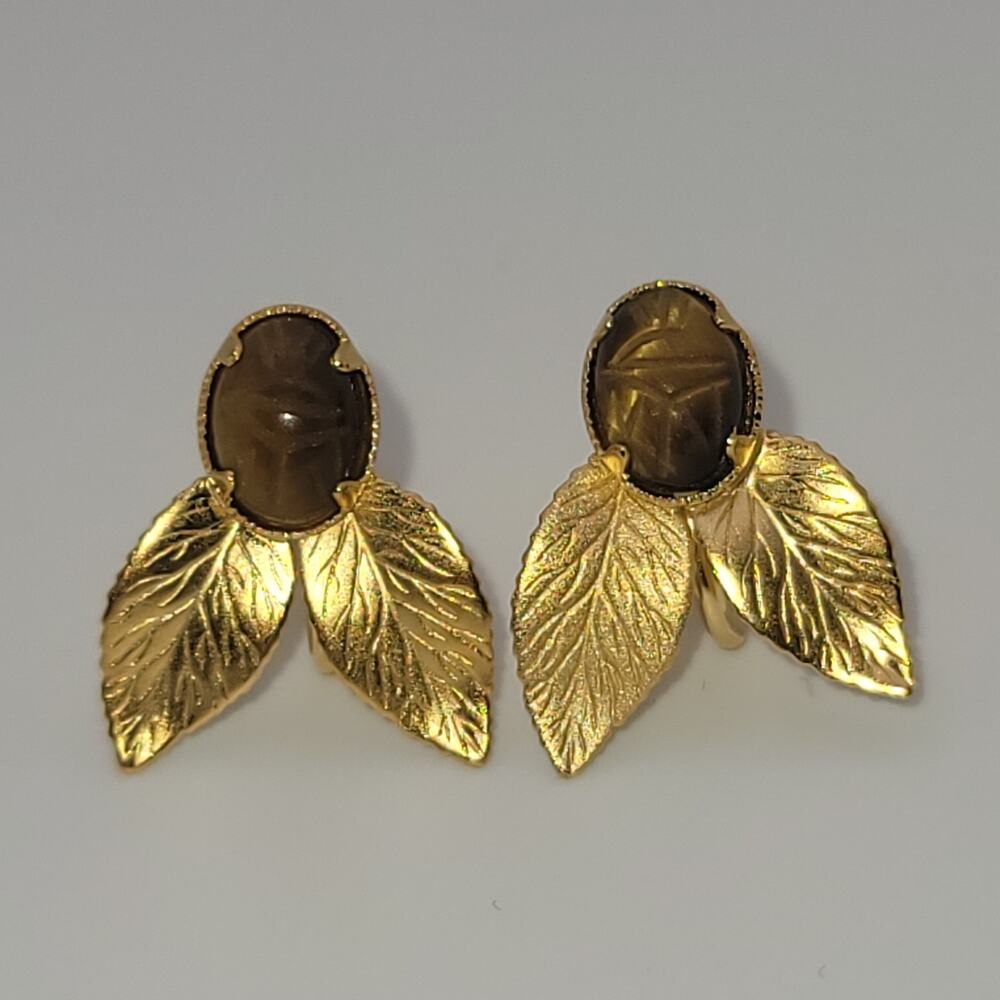 Vintage CRC Carved Tiger Eye Scarabs  Gold Filled Leaves Screw Back Earrings